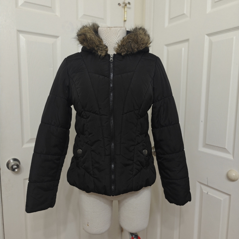 Pink Envelope Black Puffer Jacket with Faux Fur Hood